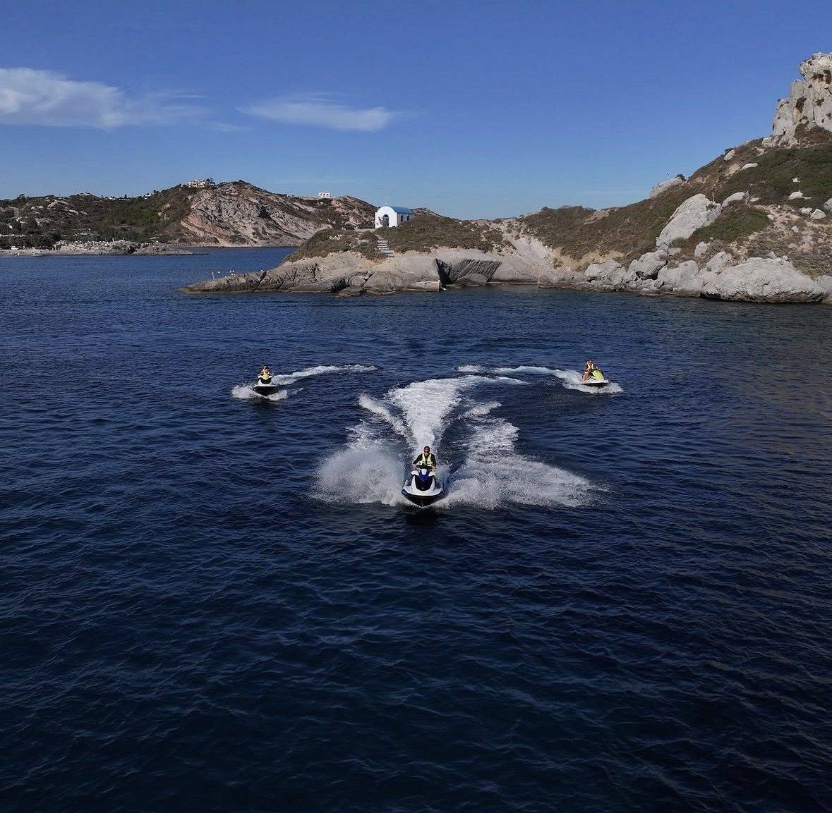 Jet ski safari - three jet skis in formation off the Kefalos coast